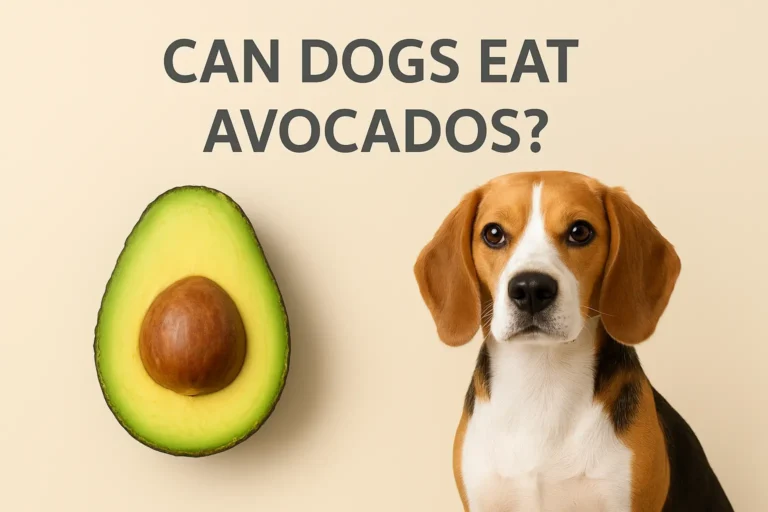 Dog sitting beside avocado slices with text overlay - Can dogs eat avocado safely or is it toxic?