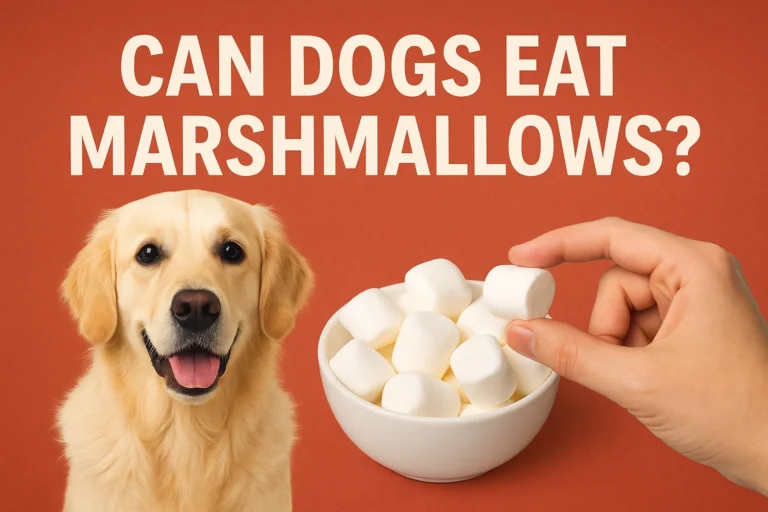 Can dogs eat marshmallows? A professional feature image showing a cute dog with marshmallows, designed for SEO blog post.