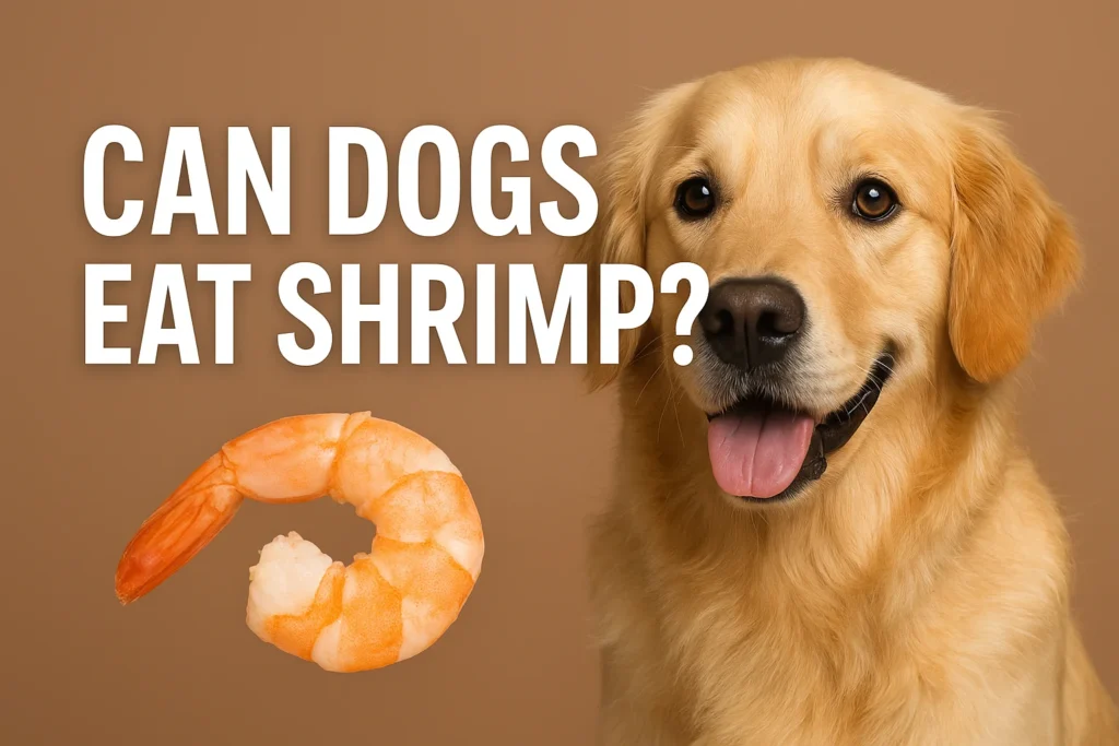 A happy dog looking at a plate of fresh shrimp, illustrating the topic “can dogs eat shrimp” in a pet nutrition guide.