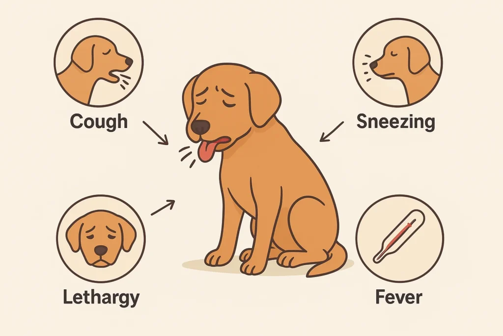 Dog infected with Kennel cough "Illustrated diagram of a dog showing symptoms of Lyme disease treated by Borrelia vaccine, with labeled signs such as fever, lameness, joint swelling, fatigue, and loss of appetite."