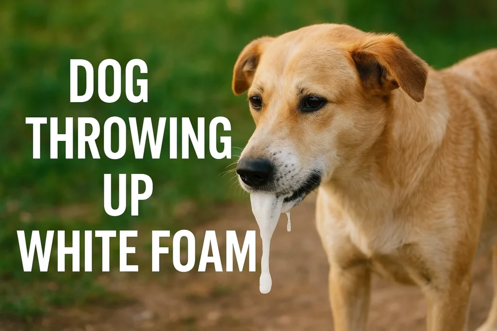 A worried dog sitting on a clean floor after vomiting white foam, illustrating signs of digestive issues and the need for veterinary care.