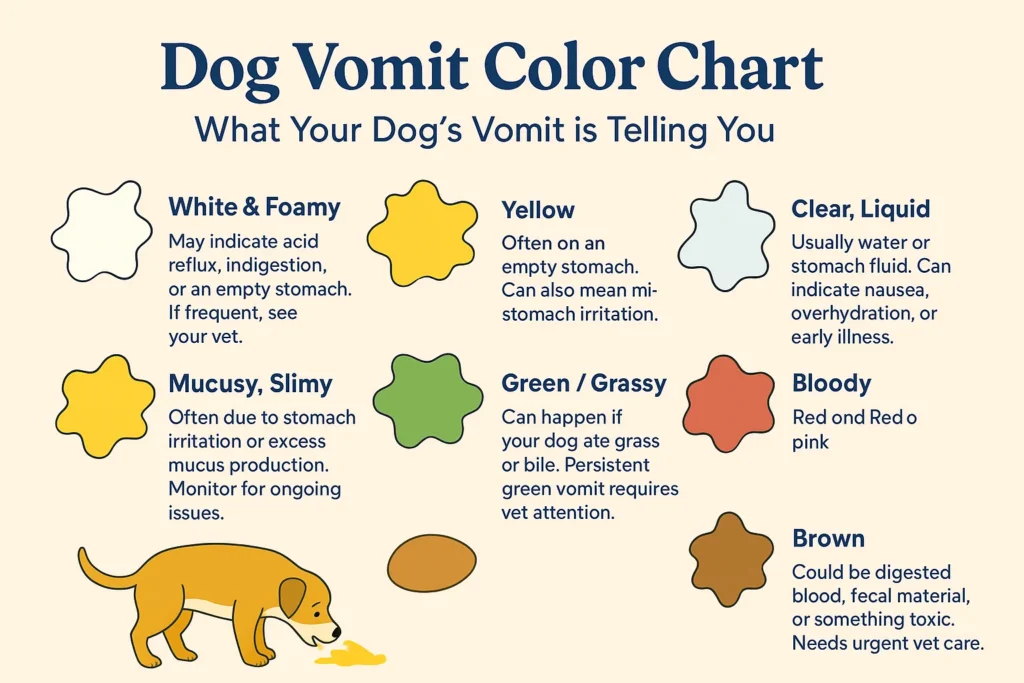 "Infographic showing different dog vomit colors and their meanings, including yellow for an empty stomach, green for bile or grass ingestion, white for foam, brown for possible internal bleeding, and red for fresh blood."
