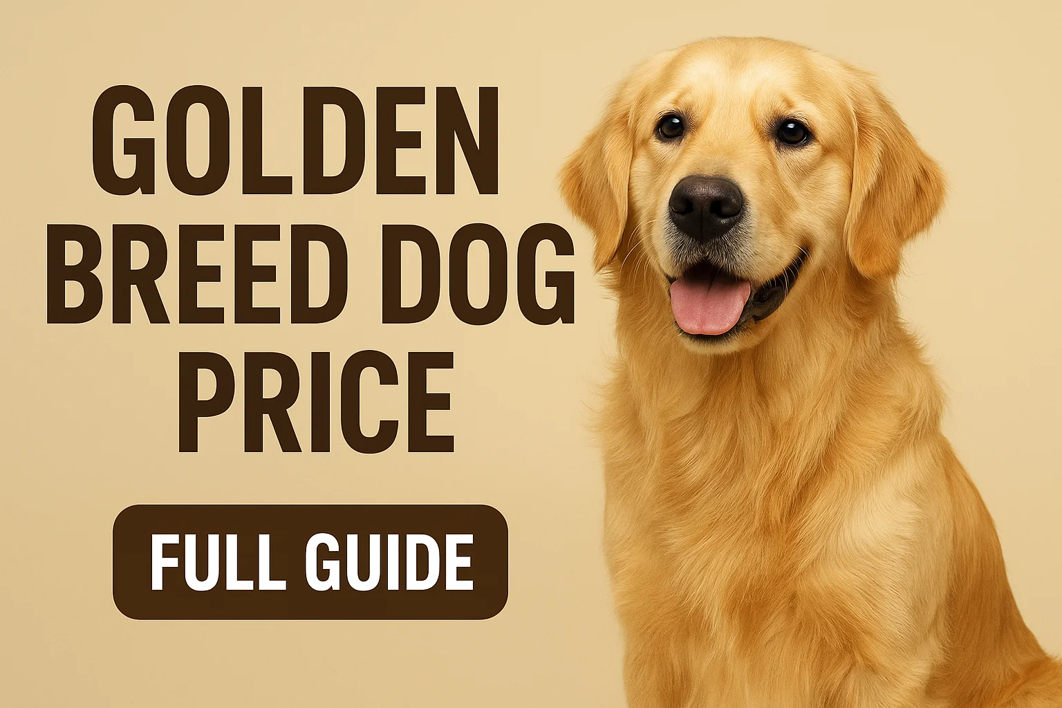 Golden Retriever sitting against a beige background with bold text reading “Golden Breed Dog Price – Full Guide,” representing a detailed 2025 cost and ownership guide.
