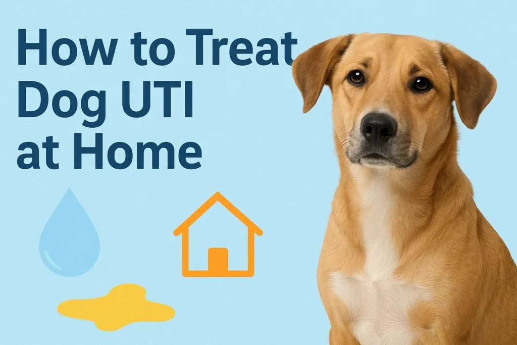 A happy dog sitting comfortably with a water bowl, representing home remedies and natural care tips for treating urinary tract infections in dogs.