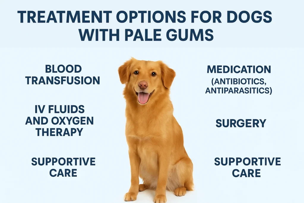 Treatment options for dogs with pale gums infographic showing a central dog image surrounded by five key treatments: blood transfusion, IV fluids and oxygen therapy, medication (antibiotics, antiparasitics), surgery, and supportive care.