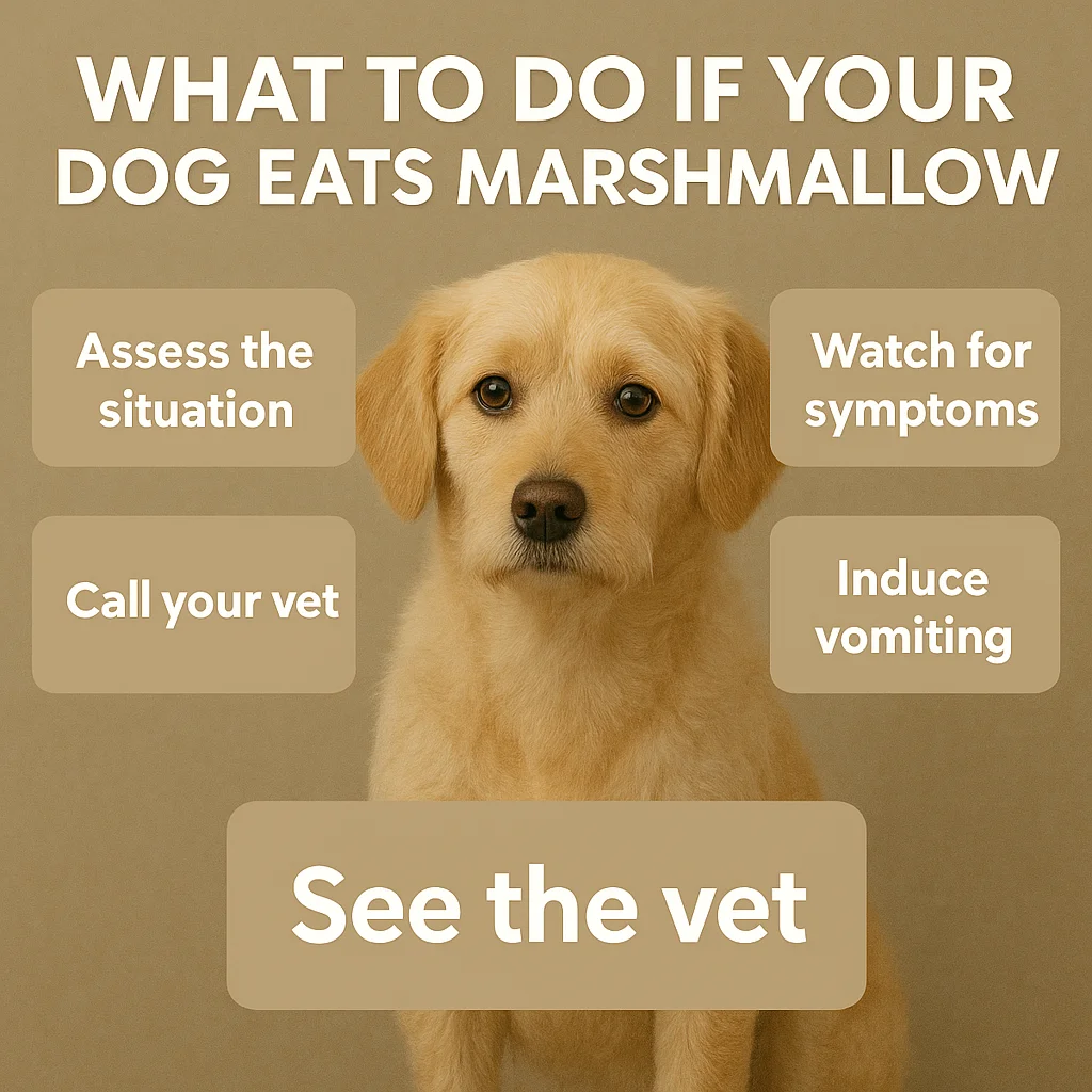"What to do if your dog eats marshmallows – step-by-step guide with a golden retriever in the center and five safety tips around it."