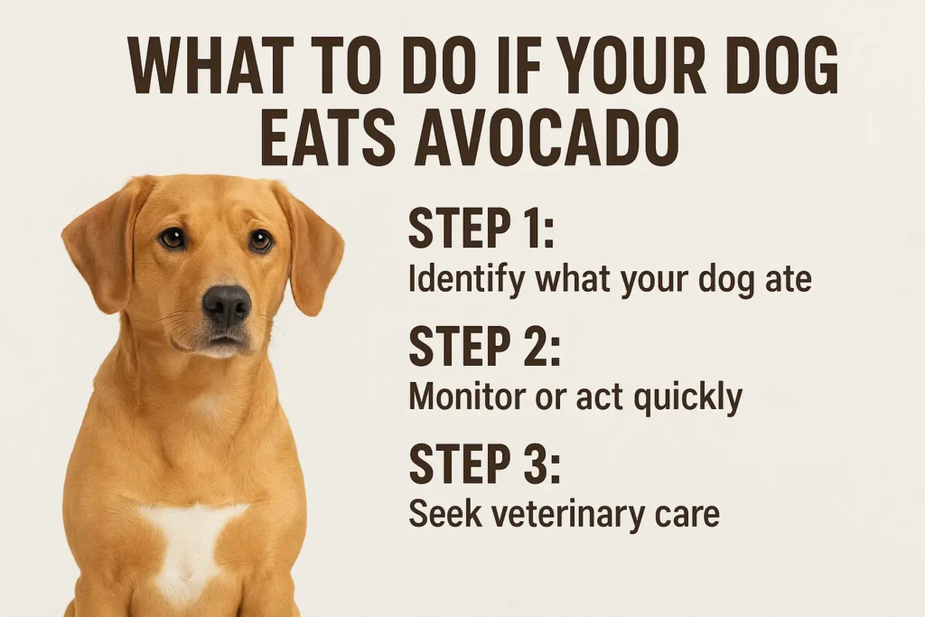 Illustration of a dog in the center with three safety steps around it—identify what your dog ate, monitor or act quickly, and seek veterinary care—showing what to do if your dog eats avocado.