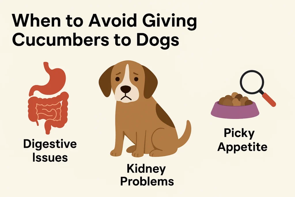 Infographic showing when to avoid giving cucumbers to dogs, highlighting digestive issues, kidney problems, and picky appetite with a dog illustration in the center.