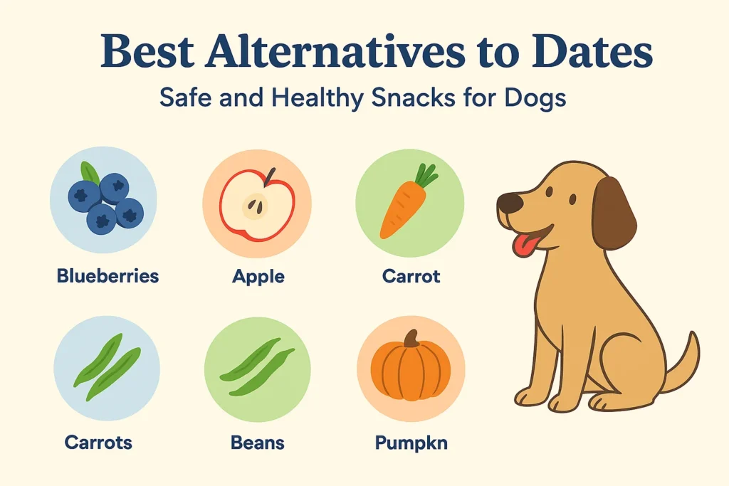 "Infographic showing the best alternatives to dates for dogs, including dog-safe fruits and treats, with colorful icons and pet-friendly design."