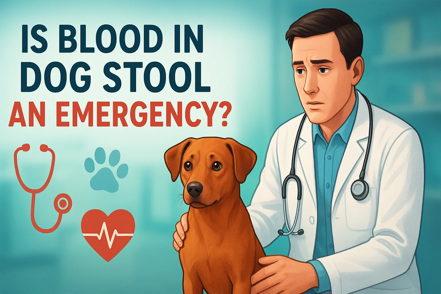"Veterinarian examining a worried dog in a modern pet clinic, checking for causes of blood in stool, veterinary care concept"