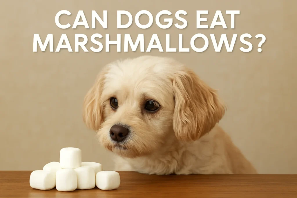 "Dog staring at marshmallows on a table with text overlay asking what to do if your dog eats marshmallows."