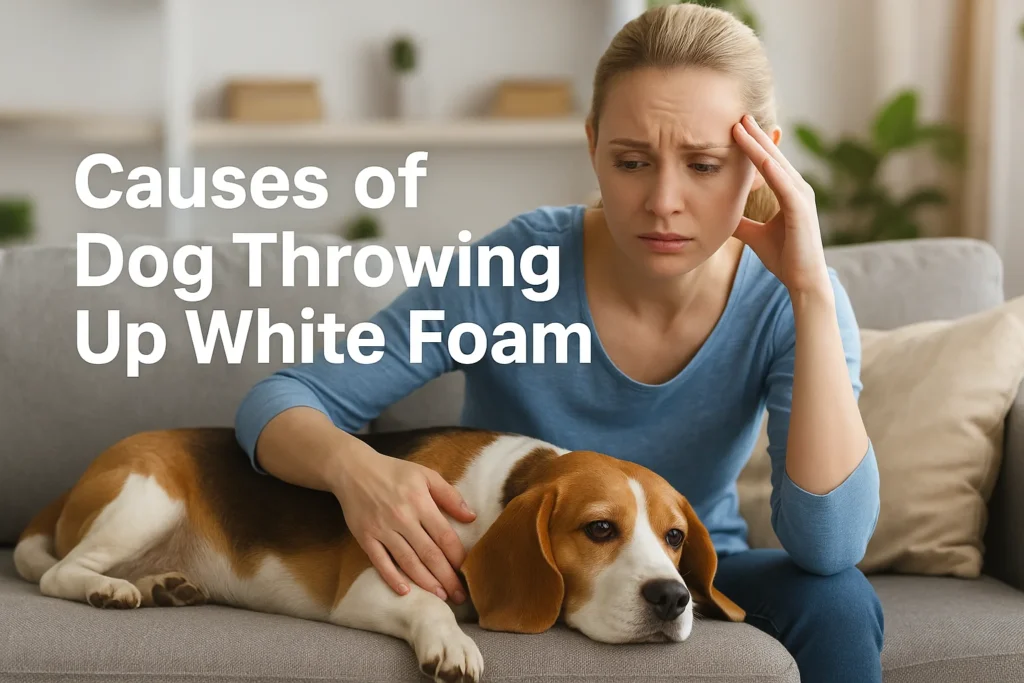 "A dog throwing up white foam while a worried pet owner comforts it at home, illustrating causes and care tips for dogs throwing up white foam."