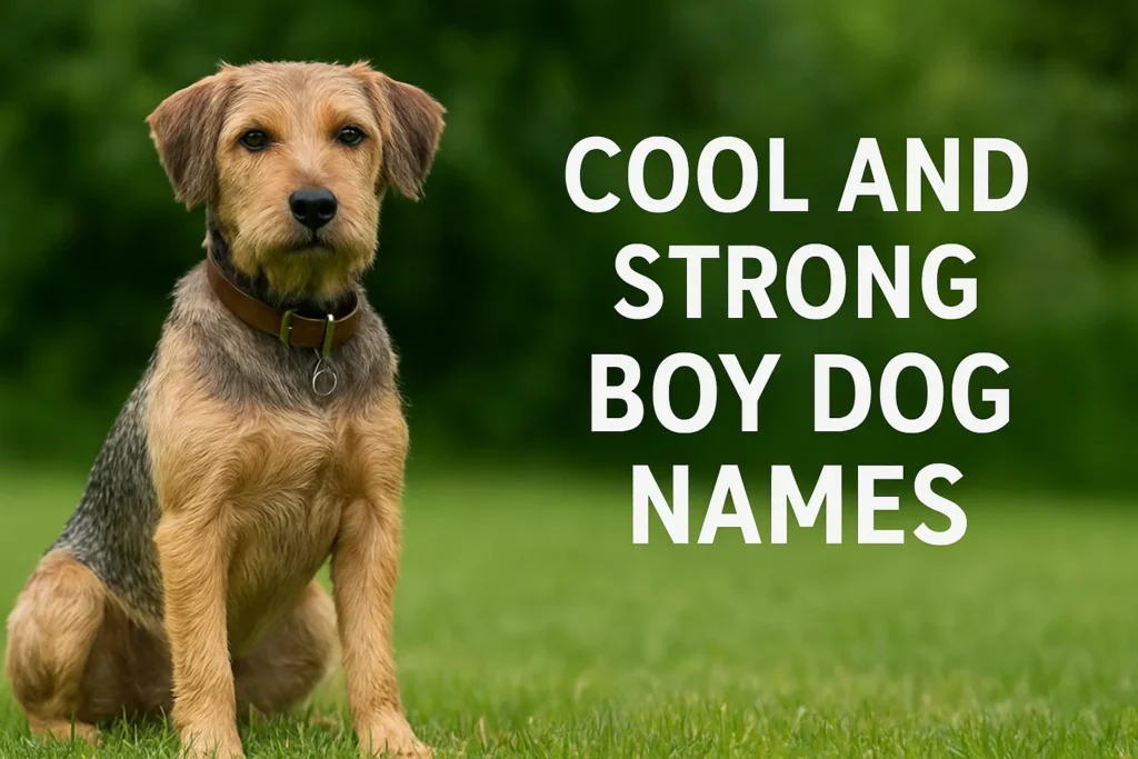 “A wiry-haired terrier puppy standing on grass, representing boy dog names for playful and energetic male dogs.”