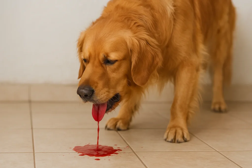 Golden retriever dog vomiting blood on the floor while owner looks concerned, representing canine health emergency
