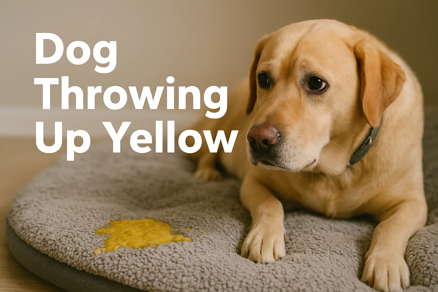 Dog throwing up yellow bile on the floor with owner nearby, veterinary care concept