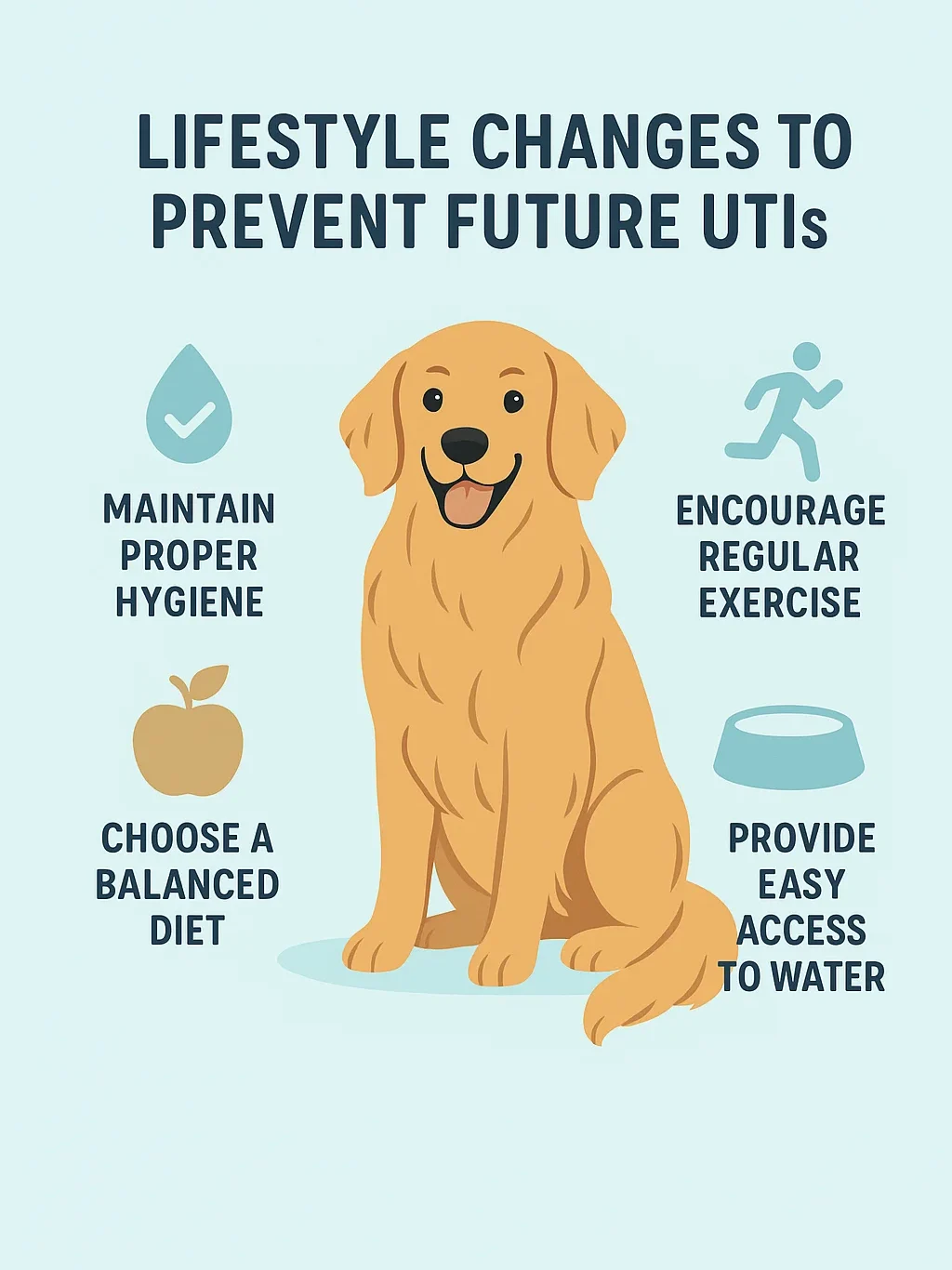 "Infographic showing lifestyle changes to prevent future UTIs in dogs, including maintaining hygiene, balanced diet, exercise, and water access."