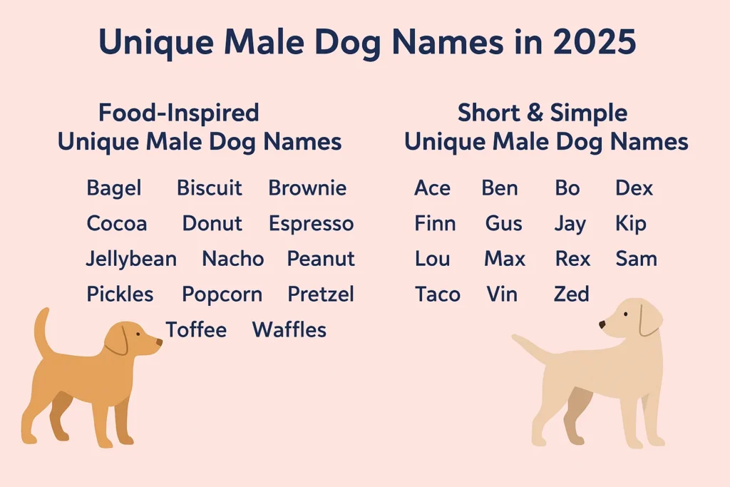 Unique Male Dog Names 2025 – Food-Inspired and Short Simple Dog Names Unique male dog names in 2025 infographic – food-inspired names like Bagel, Donut, Peanut, and short simple names like Ace, Max, Rex, Finn.