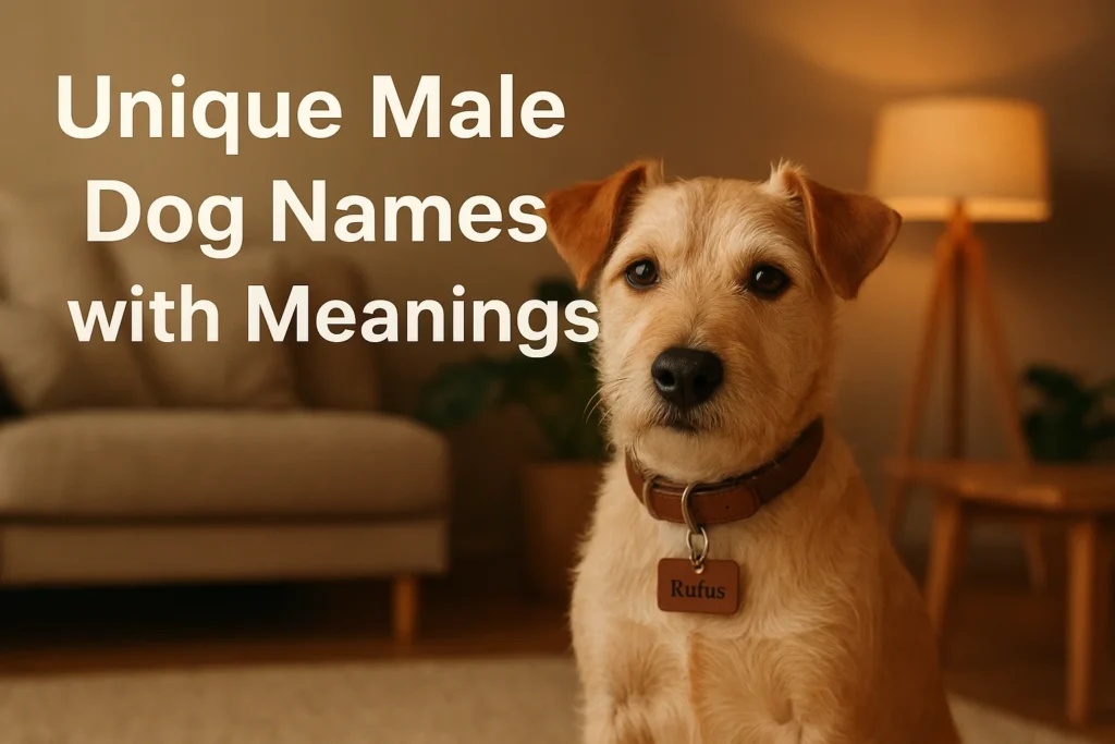 "Unique male dog names with meanings – adorable male puppy sitting outdoors, symbolizing individuality and personality."
