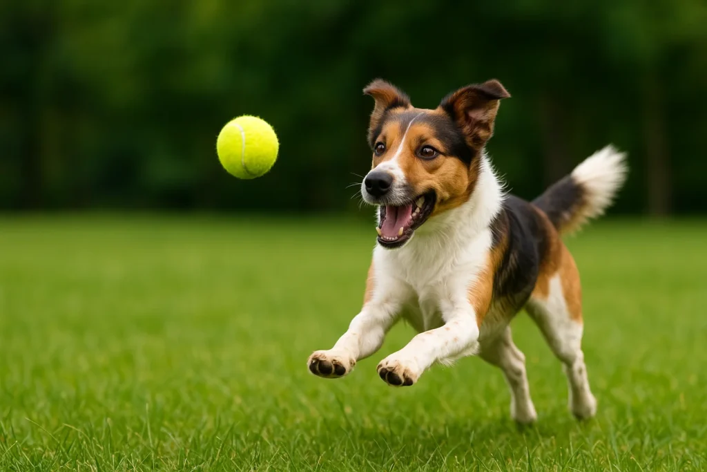 Tricolor dog lying on the floor chewing a pet-safe rubber toy

