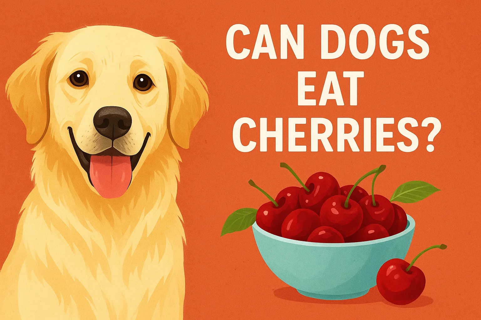 Can dogs eat cherries – illustration of a happy Golden Retriever with a bowl of cherries, highlighting safety concerns for dogs eating cherries.