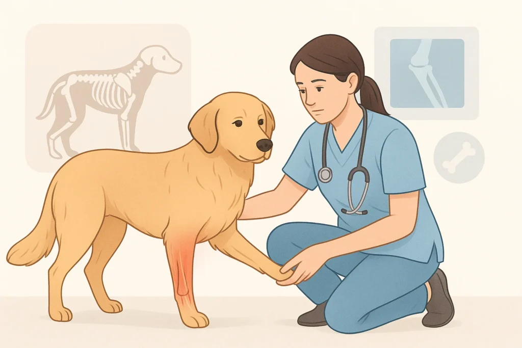 "Illustration showing common injuries in a dog’s back legs, including sprains, fractures, and ligament tears, helping dog owners understand causes of limping."