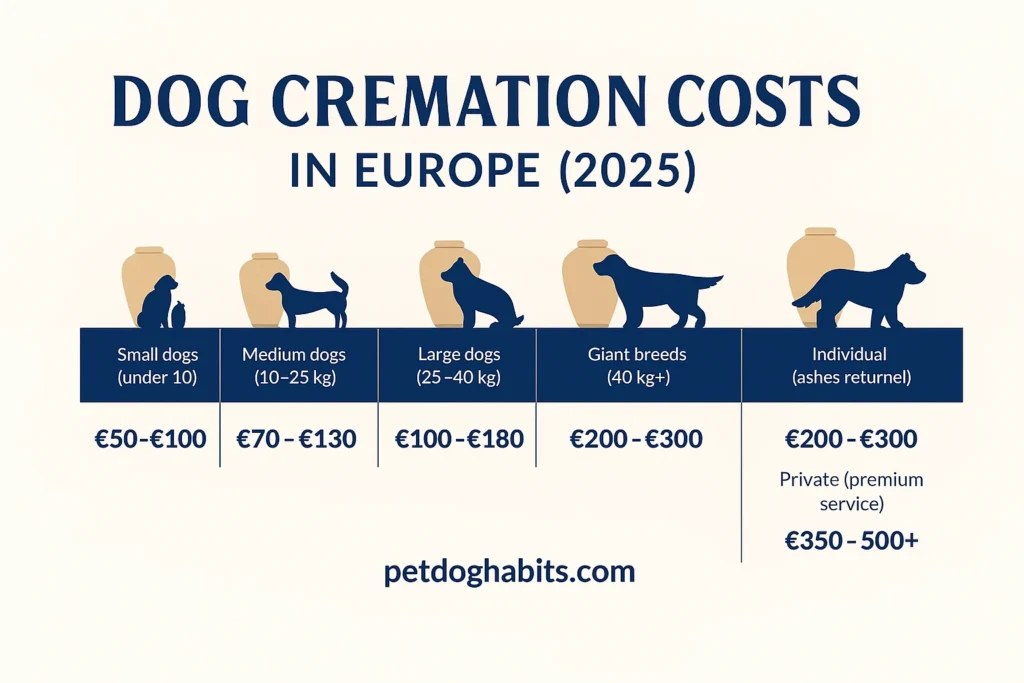 Infographic showing updated dog cremation costs in Europe 2025 with price ranges by dog size and service options.