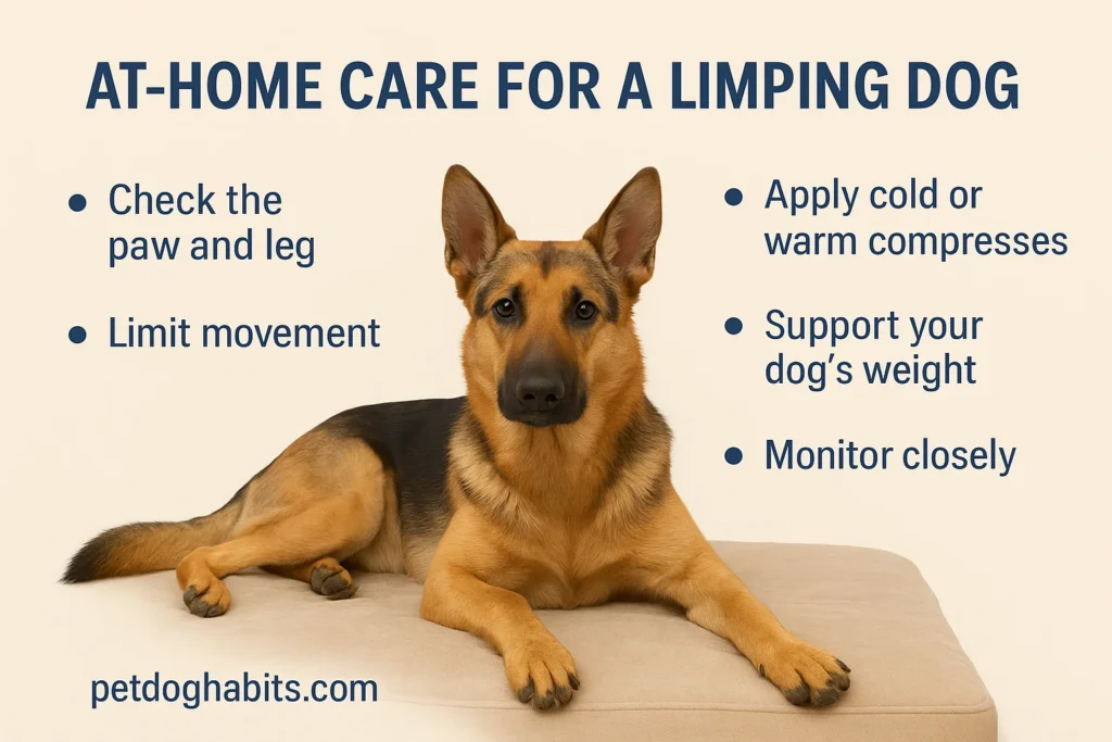 "Infographic showing the first five essential steps for helping a limping dog with back leg issues, featuring a dog in the center and tips around it, branded with petdoghabits.com."