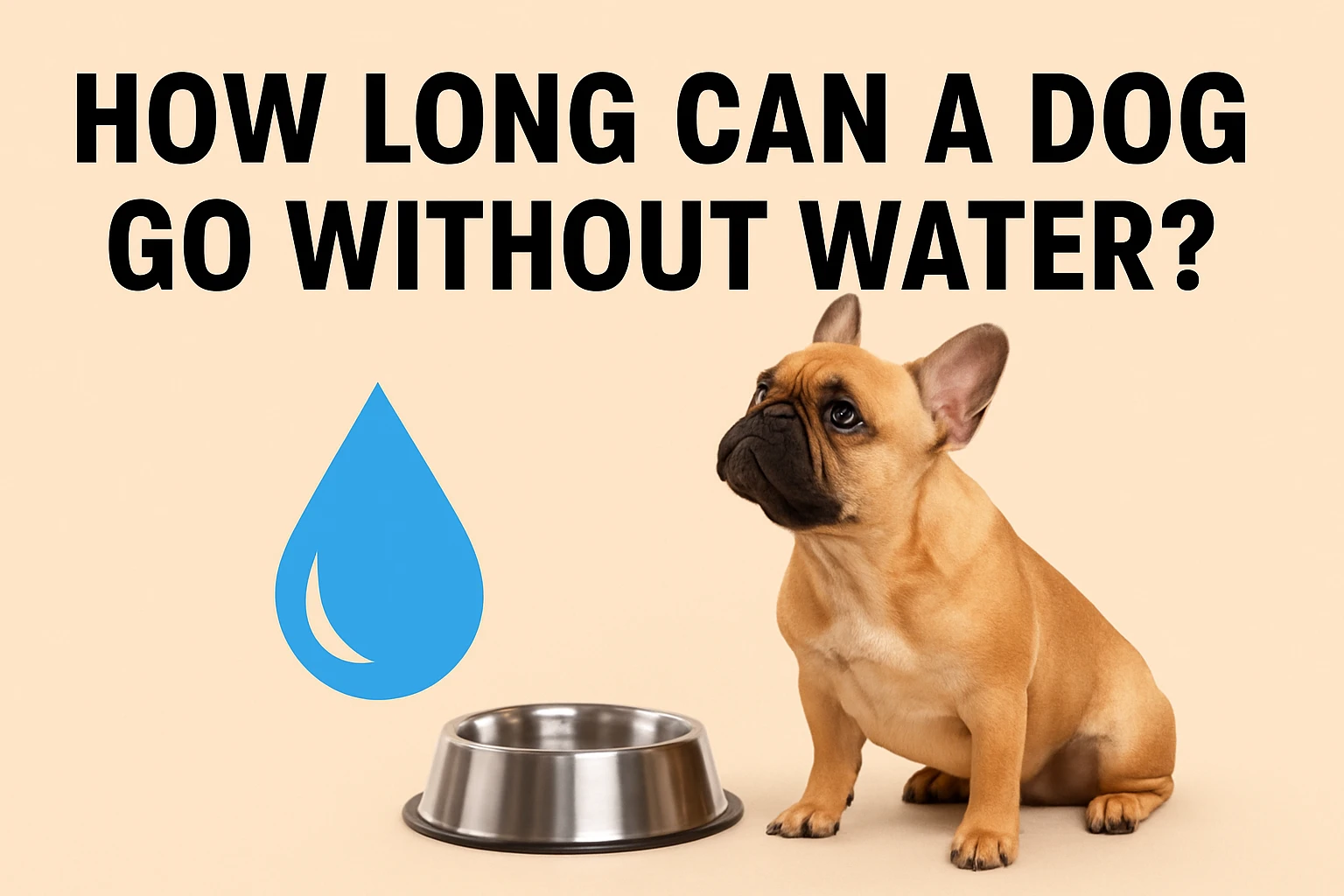 How long can a dog go without water – thirsty French Bulldog sitting beside an empty bowl with a blue water droplet icon