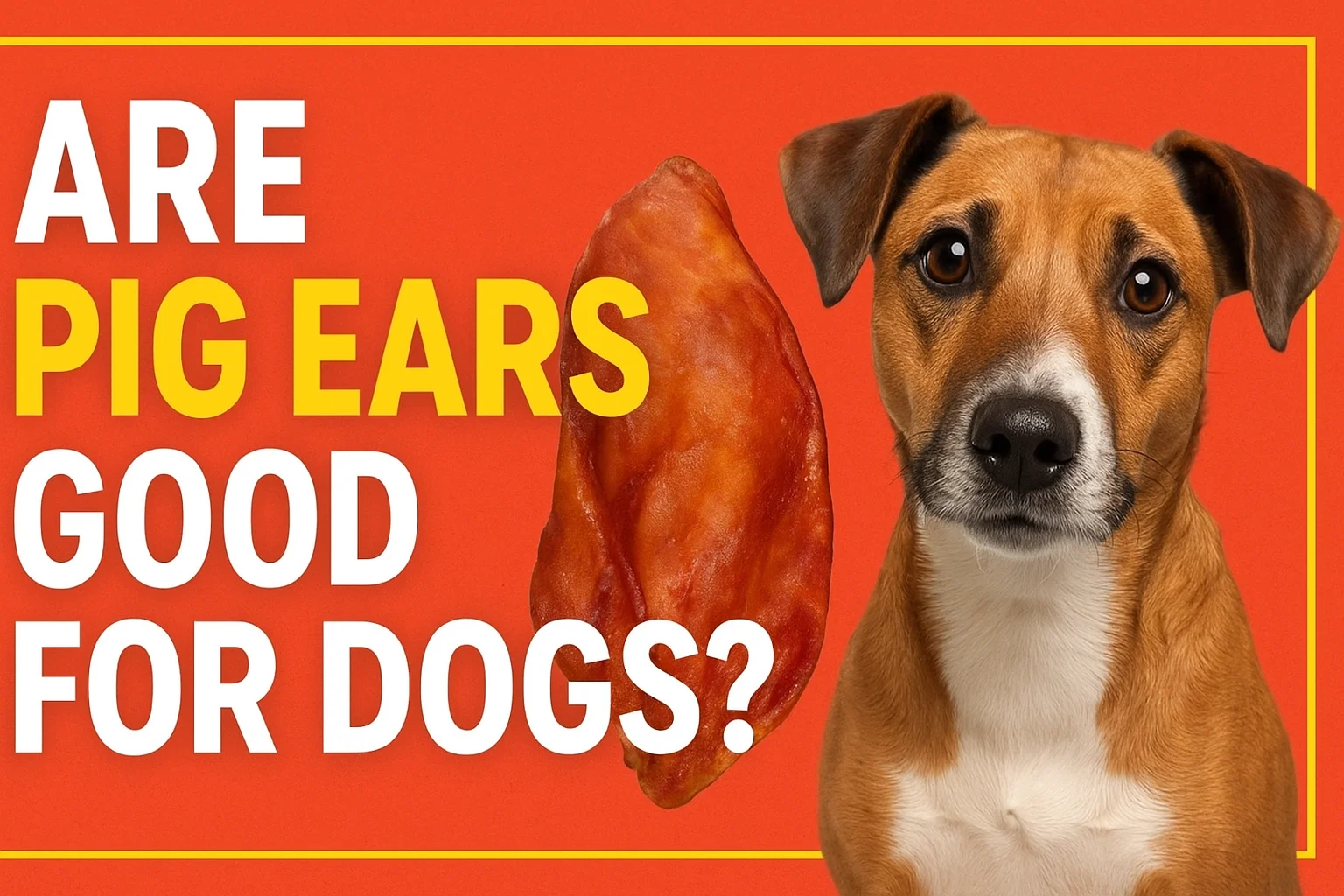 Horizontal feature image showing a happy dog chewing a natural pig ear treat with the text “Are Pig Ears Good for Dogs?” in bold contrasting colors.