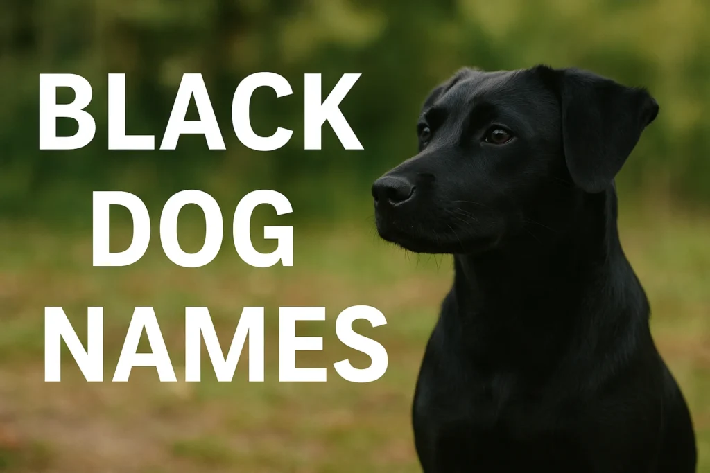 “Black dog sitting in a green outdoor setting with bold text overlay that reads Black Dog Names – perfect feature image for black dog memes blog post.”
