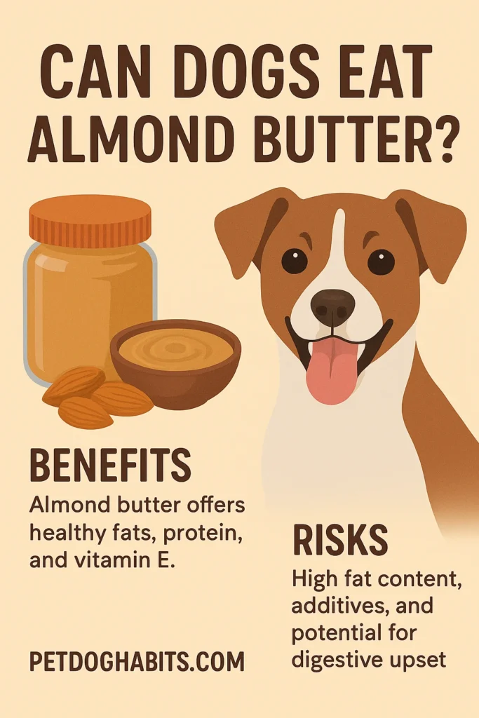 "Infographic showing whether dogs can eat almond butter, highlighting safe serving sizes, potential risks like xylitol and salt, and tips for offering it as an occasional treat."