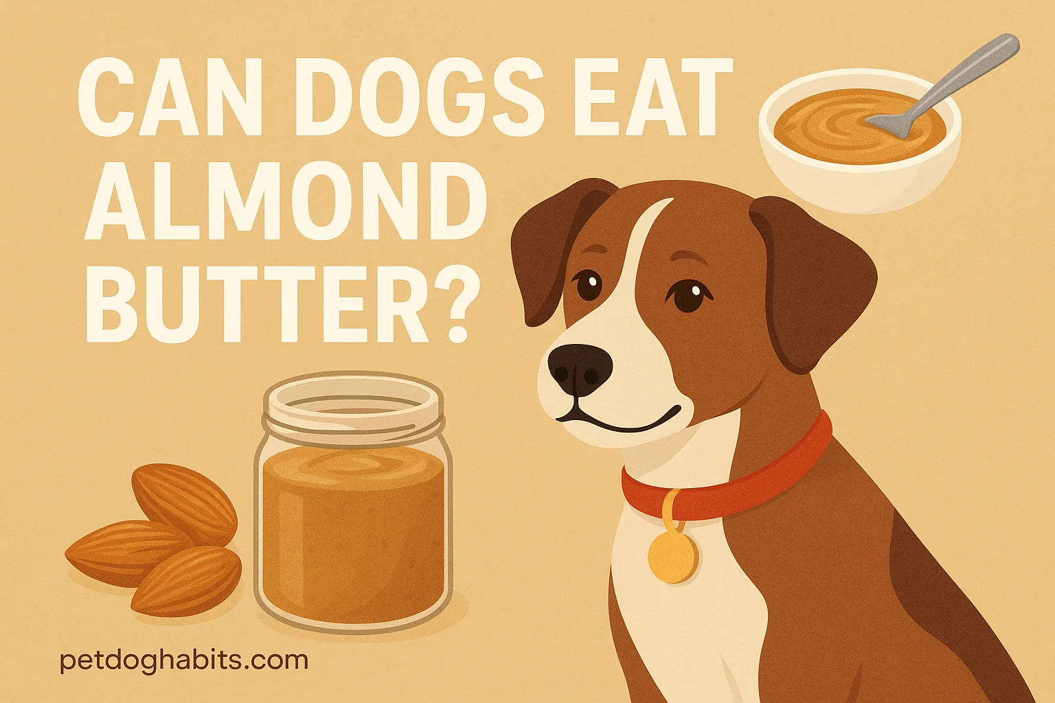 Dog with a jar of almond butter and almonds beside it, with the text “Can Dogs Eat Almond Butter?” for a pet health blog.