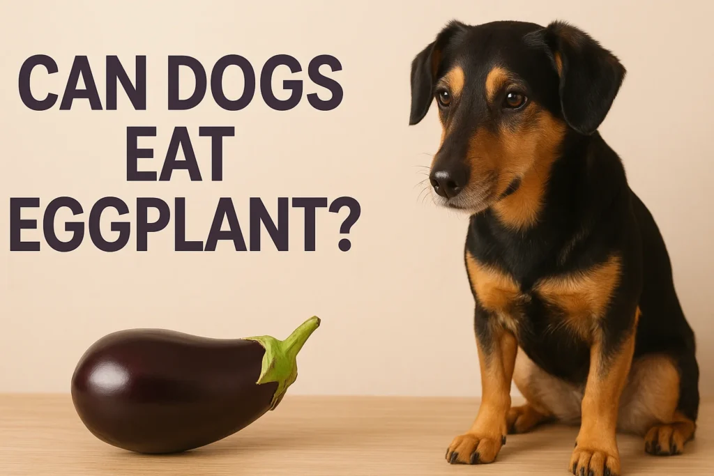 Can dogs eat eggplant – healthy purple eggplant slices beside a dog, illustrating safe and unsafe feeding tips for pets.