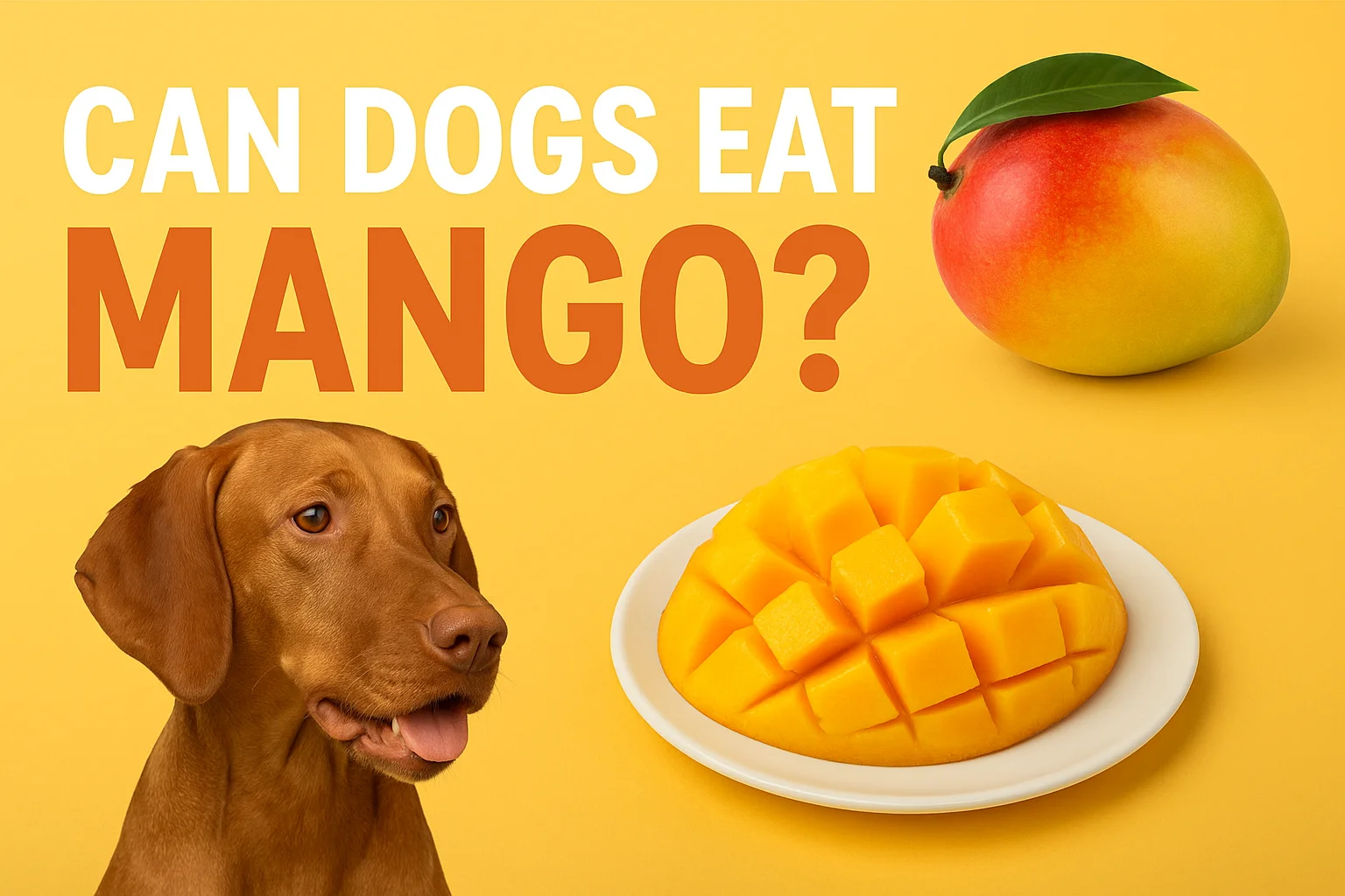 A curious brown dog looking at a sliced mango on a plate with the text Can Dogs Eat Mango written in bold yellow background