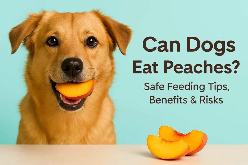 Dog eating a peach slice – Can dogs eat peaches safely with benefits, risks, and feeding tips.