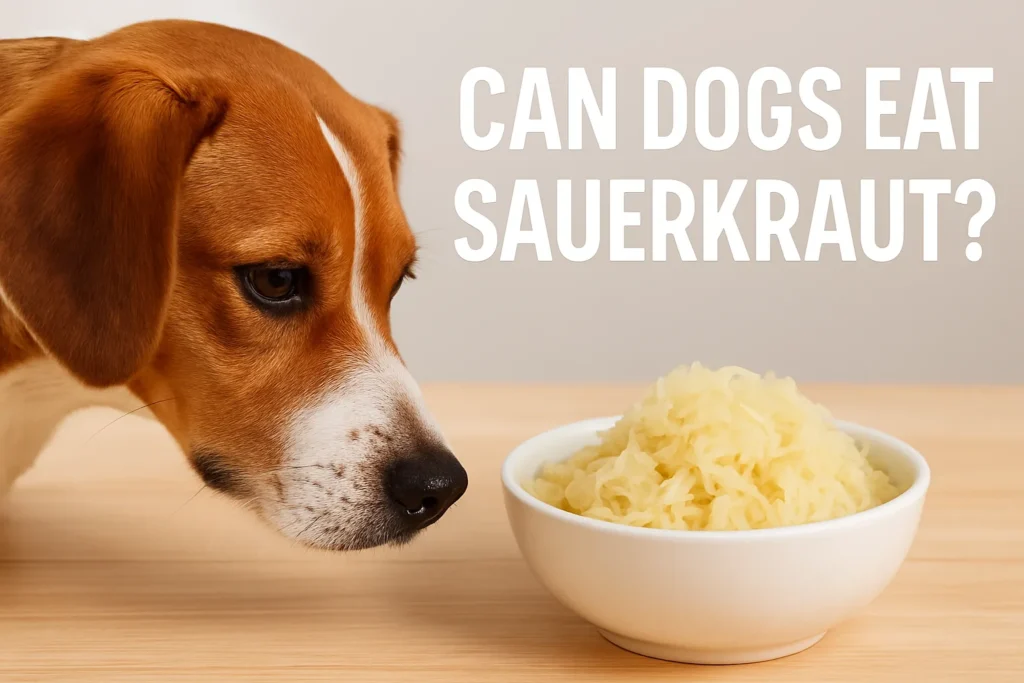 Can dogs eat sauerkraut safely – close-up of a dog sniffing a bowl of fresh sauerkraut with vibrant colors, healthy pet diet concept.