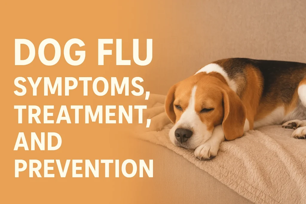 Illustration showing a veterinarian examining a dog for flu symptoms, highlighting canine influenza diagnosis and treatment in a professional clinic setting.