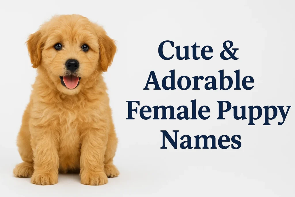 Cute and adorable female puppy names – fluffy golden puppy sitting playfully, perfect inspiration for naming your girl dog.