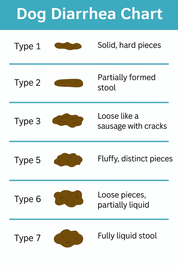 Dog diarrhea chart showing seven stool types, from solid pieces to fully liquid stool, helping pet owners identify severity and health concerns.