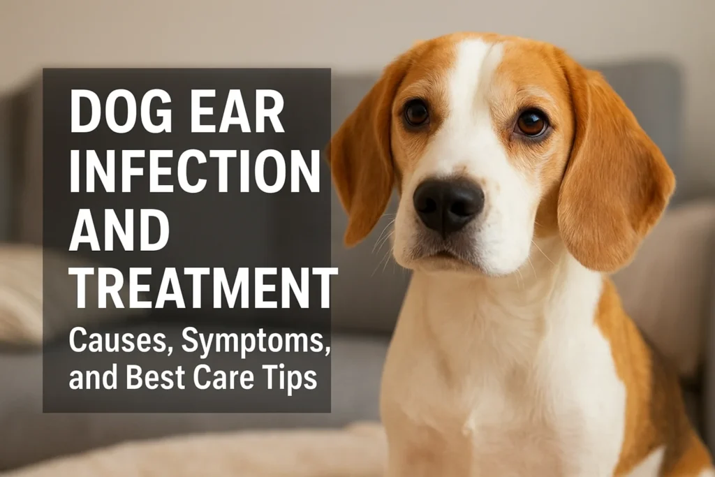 Dog ear infection and treatment illustration showing a veterinarian examining a dog’s ear for common symptoms and providing safe care solutions.