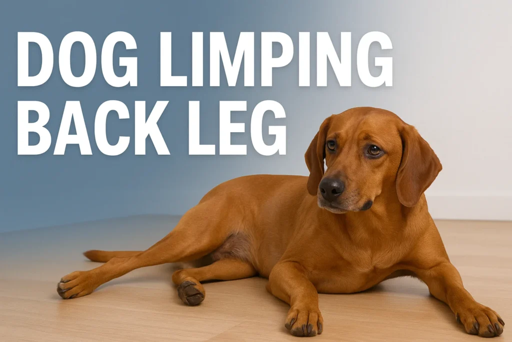 A worried dog owner comforting a dog limping on its back legs, highlighting causes, treatment options, and veterinary advice.