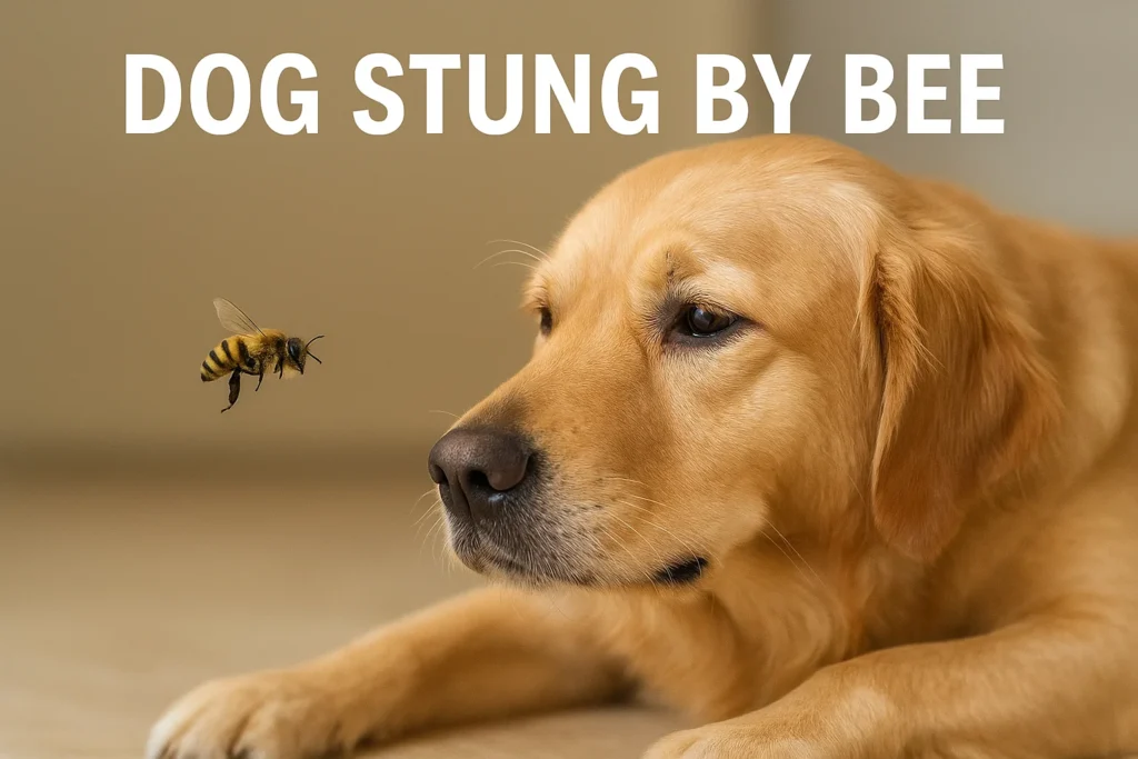 Dog stung by bee with mild swelling on face, outdoors in garden, representing first aid and care guide for pet owners.