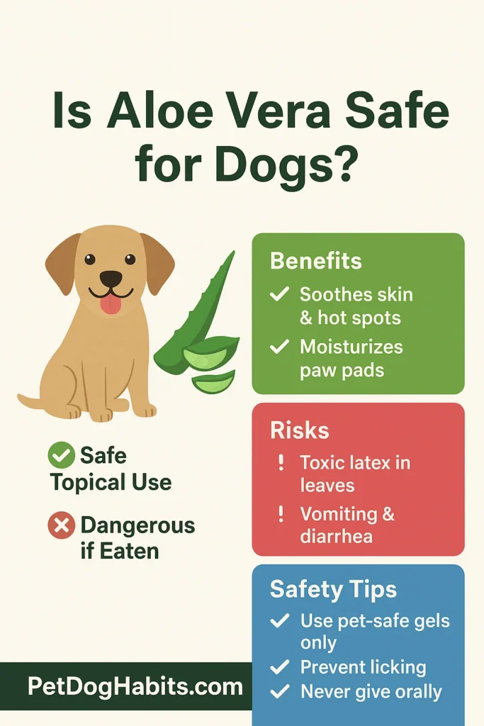 “Infographic showing whether aloe vera is safe for dogs, highlighting benefits like soothing skin and moisturizing paw pads, risks such as toxic latex and vomiting, and safety tips, with PetDogHabits.com branding.”