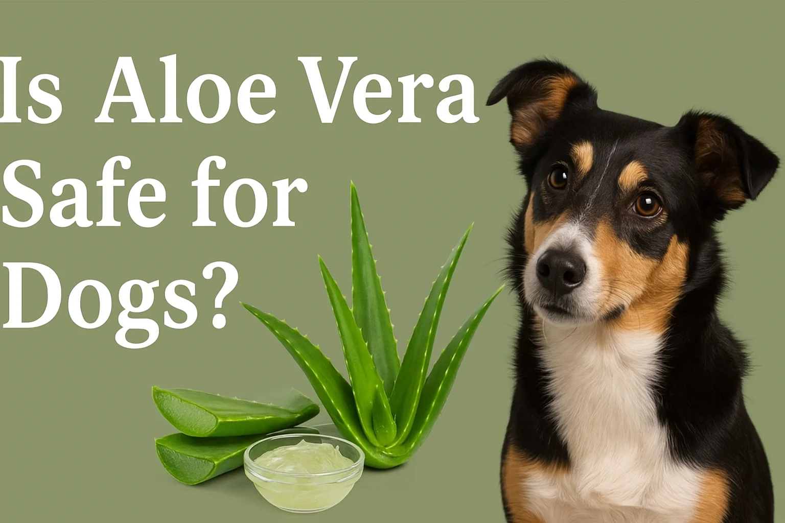 A healthy dog sitting beside fresh aloe vera leaves and gel with text asking Is Aloe Vera Safe for Dogs, horizontal professional design