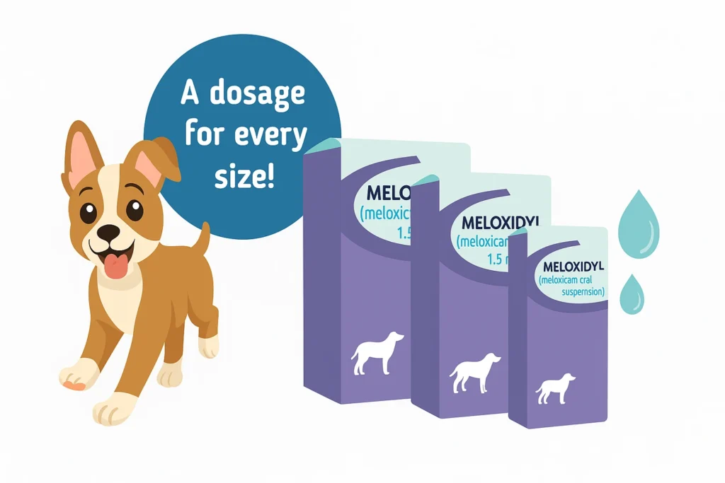 “Meloxidyl for dogs feature image showing playful puppy with different Meloxidyl dosage boxes and water droplet icons on a white background.”