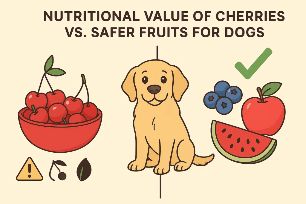 Can dogs eat cherries – infographic showing a cartoon dog with cherries marked as unsafe and safe fruits like blueberries, apples, and watermelon marked safe.