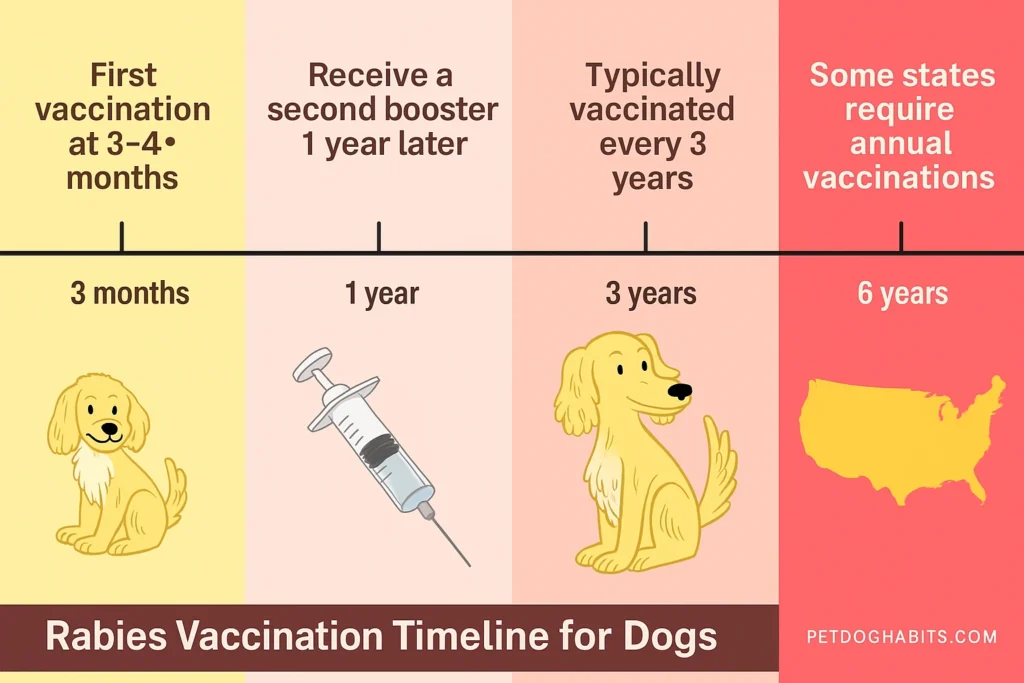 Illustrated horizontal infographic showing the rabies vaccination timeline for dogs with stages from first vaccination at 3–4 months, a second booster at 1 year, routine shots every 3 years, and note that some states require annual vaccinations, featuring dog illustrations, a syringe, a U.S. map, and the website name PetDogHabits.com.