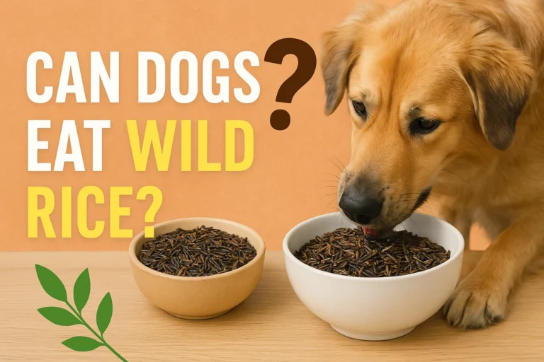 A brown dog eating cooked wild rice from a ceramic bowl on a kitchen table, symbolizing healthy and balanced nutrition for dogs.