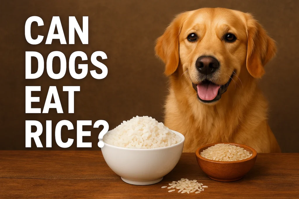 Can Dogs Eat Rice? A golden retriever sitting next to bowls of cooked and uncooked rice, representing the question of whether rice is safe for dogs.
