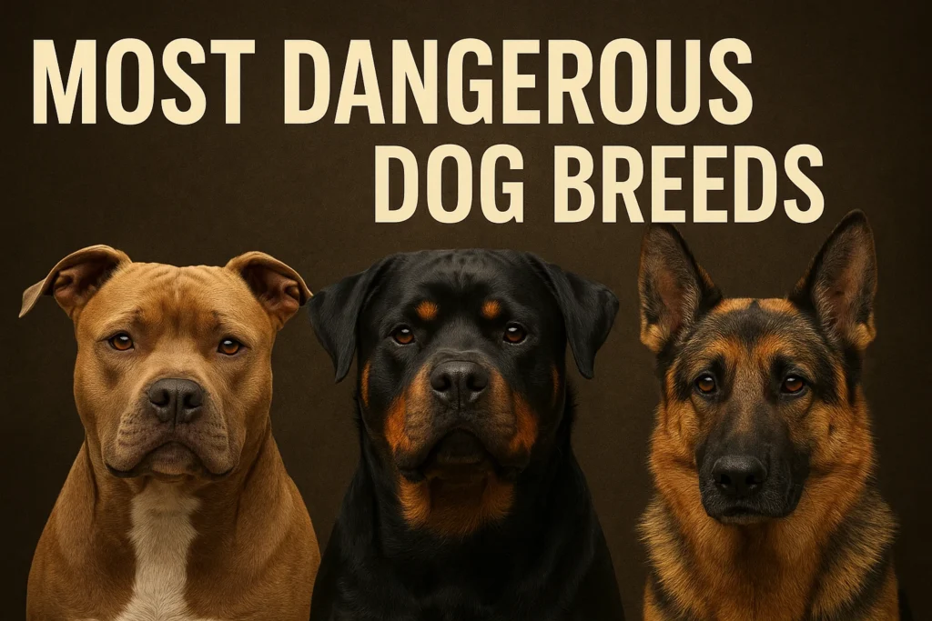 Most Dangerous Dog Breeds – Pitbull, Rottweiler, and German Shepherd in one feature image showcasing aggressive yet powerful breeds.